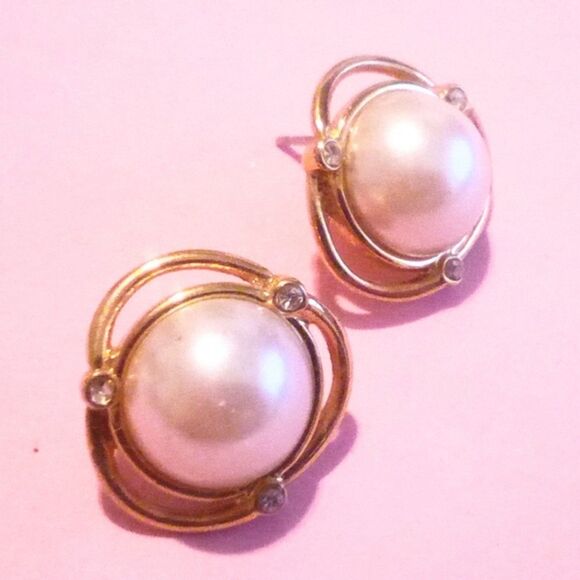 Monet Gold Tone Rhinestone Accented Faux Mabe Pearl Earrings - Picture 1 of 3